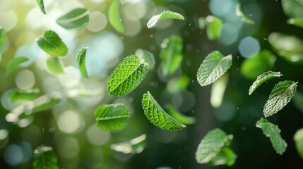 Mint leaves floating beautifully in the air