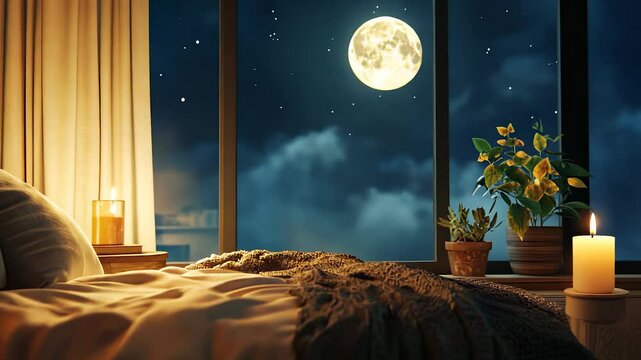 Bed with and night sky. Night, bedroom, night light bed, window, moon, light,. Bed with window and light from the moon. Bedroom with a window and light of the moon at night. A bed, a lifestyle lamp,.