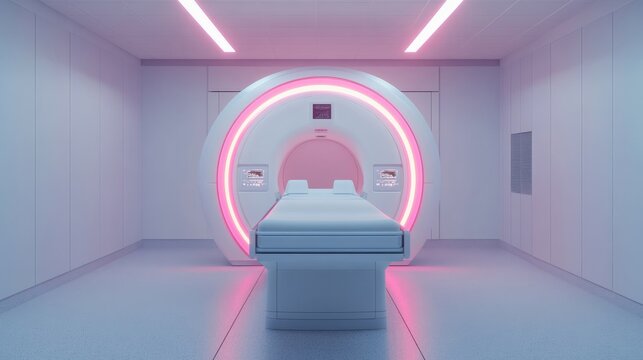 Modern MRI machine in a sleek, futuristic hospital room with neon lighting and a minimalist design aesthetic