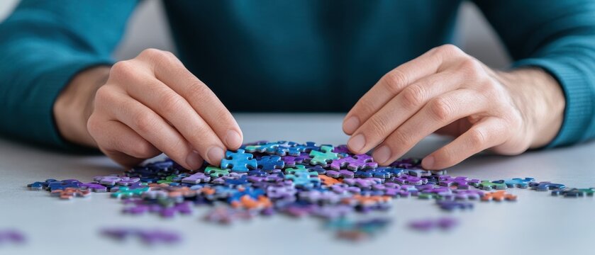 A person"s hands are sorting through a colorful array of puzzle pieces on a table, showcasing an engaging activity of assembling a jigsaw puzzle.