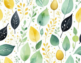 Minimalistic spring pattern, clean lines, soft greens and yellows, abstract leaves, raindrops, and flower buds, a fresh and airy design.