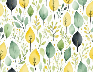 Minimalistic spring pattern, clean lines, soft greens and yellows, abstract leaves, raindrops, and flower buds, a fresh and airy design.