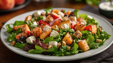 Delicious Grilled Peach Salad with Feta, Walnuts, and Greens