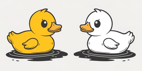 Two yellow and white cartoon ducks on white background