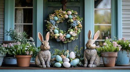 A picturesque front porch decorated for Easter with a wreath made of eggs and flowers, a pair of bunny statues, and potted plants in pastel hues.