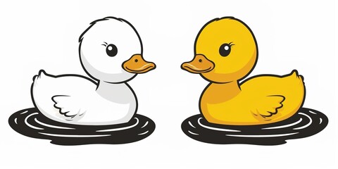 Two yellow and white cartoon ducks on white background