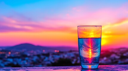 Obraz premium Stunning Sunset View with a Glass of Water Capturing the Essence of a Romantic Dinner Setup in a Picturesque Location Overlooking Scenic Landscape
