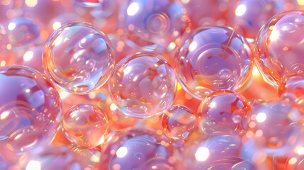 A vibrant display of translucent bubbles with reflections and soft colors.
