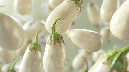 Round white eggplants floating beautifully in the air.