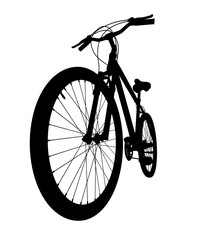 Black bicycle, front side view with wide angle shot of the front wheel. Black leather saddle and handles. Png clipart isolated on transparent background