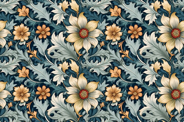 Fototapeta premium Seamless floral pattern design with vintage style in blue, cream, and gold for interior textiles 