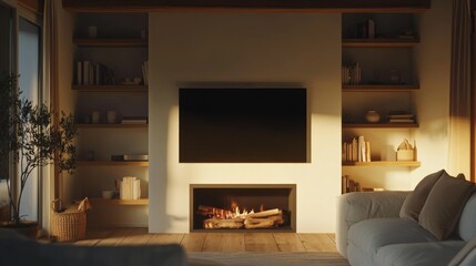 A cozy TV spot with a fireplace underneath, floating shelves on the sides, and soft neutral decor. 