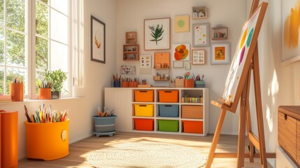A creative artistâ€™s haven with a built-in easel, vibrant storage bins, and a gallery wall for masterpieces.