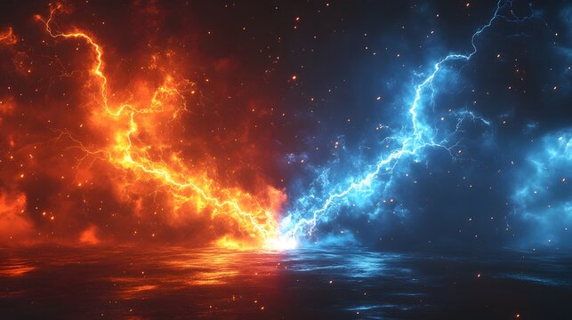 Dynamic Lightning Collision Illustration with Vivid Red and Blue Background Capturing the Essence of Competition and Confrontation in a Vector Style