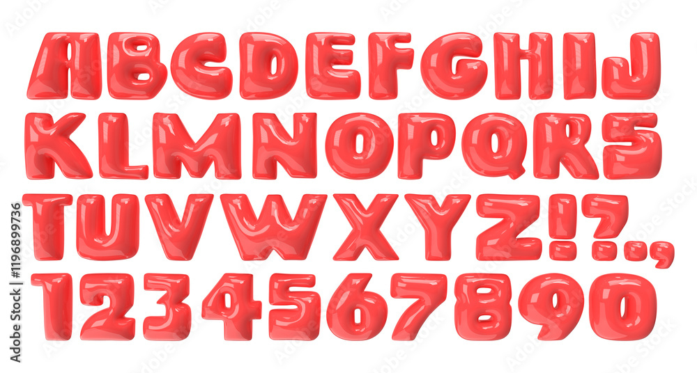 Fototapete bold bubble font. red plastic typescript. y2k alphabet. sans serif letters and numbers. playful thre