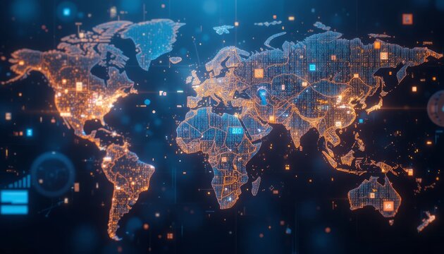 Global Network Digital World Map  Illuminated by Data Streams and Connections