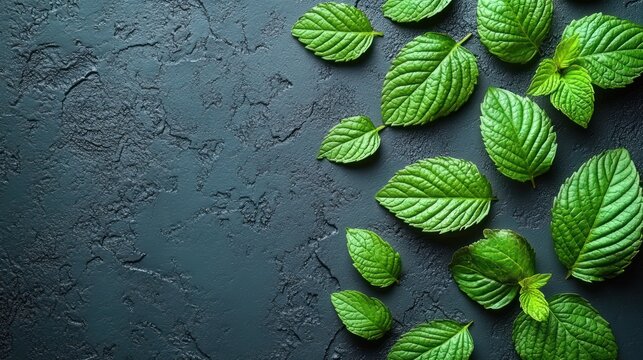 Fresh mint leaves on dark background, food styling