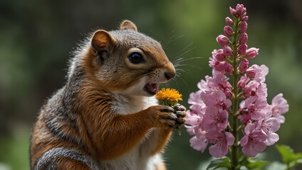 squirrel eating flower . A squirrel is pictured, holding a small yellow flower and seemingly chewing on it. 