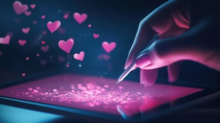 A digital love letter being written on a tablet, with animated hearts flying
