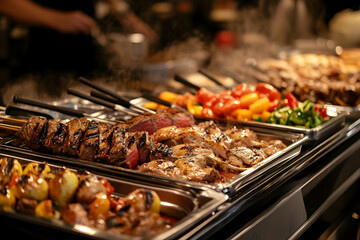 Delicious grilled meat skewers and a variety of roasted vegetables served at a buffet with steam rising from the dishes. Generative AI