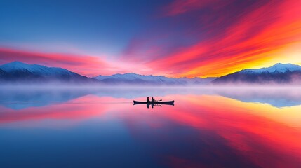 Serene Lakeside Scene with a Couple Sharing a Peaceful Moment in a Kayak Under a Colorful Sunset Reflected on the Calm Water Surface
