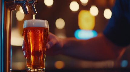 A bartender pours a golden beer into a glass, creating a frothy head in a lively setting.