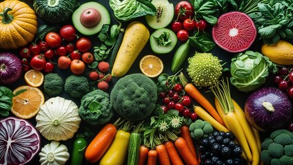 Collection of Different Fresh Fruits and Vegetables, Showcasing Vibrant Colors and Nutritious Ingredients for a Healthy Diet