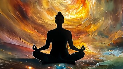 Person meditating cosmic setting.Mindfulness vibrant nebula colors.Individual calmly seated,universe.Peaceful meditation galactic core.Tranquility blends energy.Serene figure astral hues.