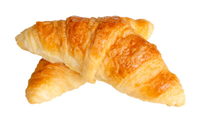 Top view of two brown or golden croissants in cross shape in stack isolated on white background with clipping path