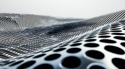 Abstract metal surface with intricate perforated pattern resembling flowing waves in modern design style