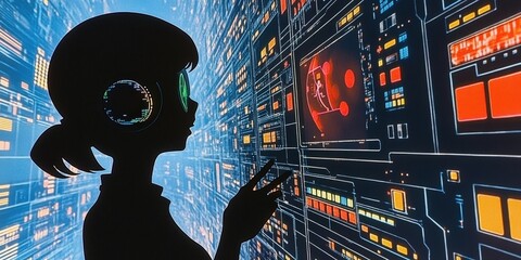 Woman interacts with futuristic interface; data streams background; technology concept