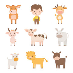 Obraz premium A playful illustration of farm animals and a happy child interacting., isolated on a transparent background.