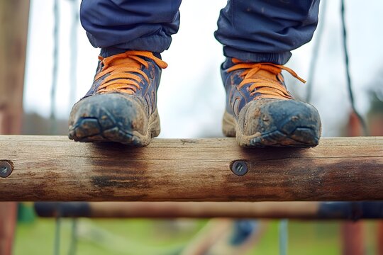Child s muddy boots on wooden beam  outdoor playground