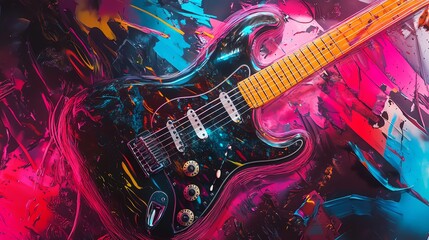 Naklejka premium High-angle view of a vibrant electric guitar intertwined with vivid street art, showcasing dynamic colors and textures, illuminated by innovative neon lights, photorealistic style