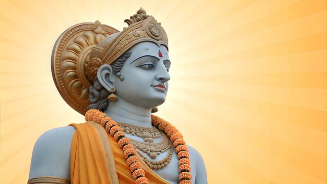 statue of Indian Lord Rama on yellow background. Happy Dussehra, Ram Navami holiday