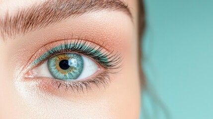 Naklejka premium Close-up of a woman's blue-green eye with turquoise eyeliner and natural makeup against a teal background.
