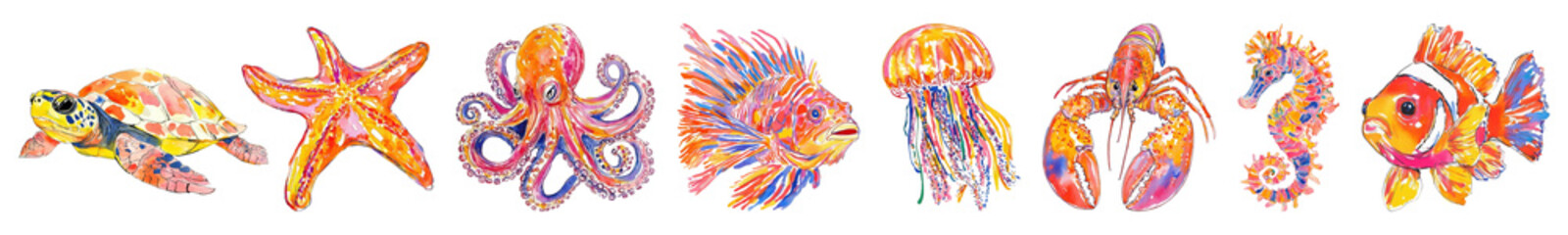 Fototapeta premium PNG Sea life illustrations, element set on transparent background