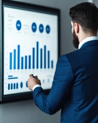 Business Professional Analyzing Data Insights on Digital Display with Blue Charts and Graphs