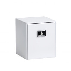 A sleek white storage cabinet ideal for organizing office supplies and documents., isolated on a transparent background.