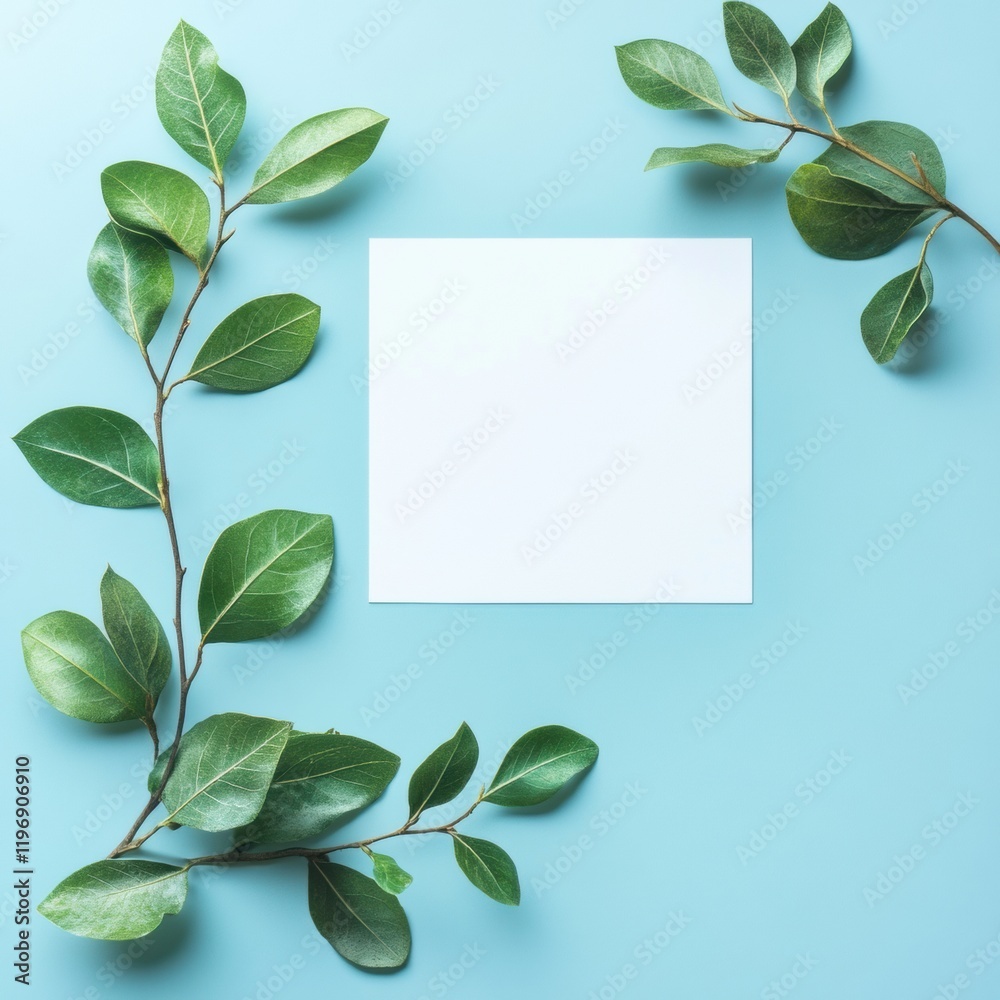 Leinwandbilder space for creative text presentation surrounded by green leaves on a calm blue background ideal for 