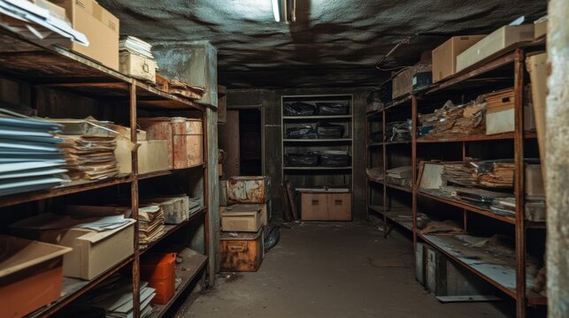 Dusty Abandoned Archive Forgotten Files, Rusted Shelves, Dark Basement