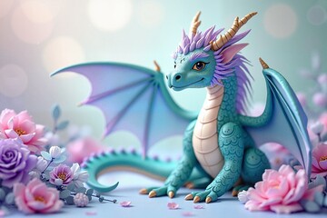 Whimsical pastel dragon posing gracefully among blooming flowers, enchanting fairytale theme. Cartoon illustration for children's books. Greeting card or print for birthday celebration