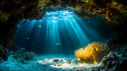 cave under water and sun passing throw the watter 