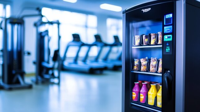 A vending machine filled with drinks in a gym setting.