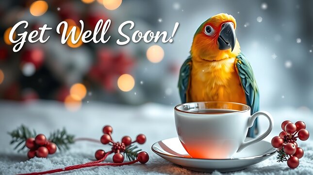 Sun conure parrot wishing get well soon with a warm drink during Christmas.