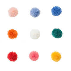 A vibrant collection of colorful pom-poms arranged in a grid pattern.