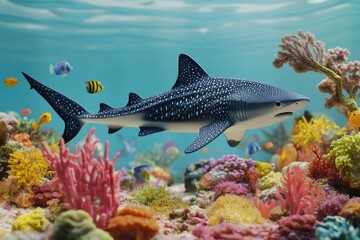 A shark swims through a vibrant coral reef, with fish and sea life visible in the background