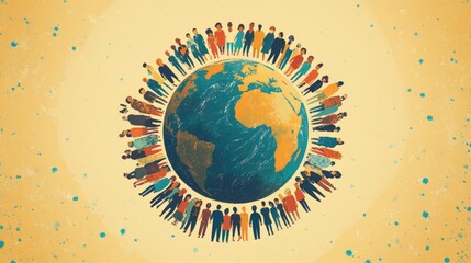 Diverse individuals gather joyfully around a vibrant planet, celebrating unity and commitment to global health initiatives