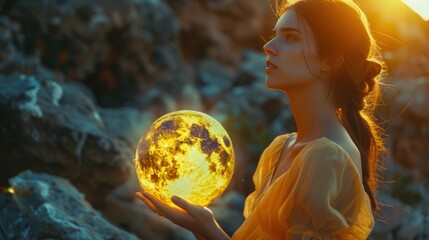 Naklejka premium Young beautiful woman at rocks There is a yellow globe floating in the air. It is beautiful and colorful.