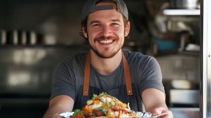 Smiling man in apron working in food truck serving delicious food. Portrait of happy small business owner